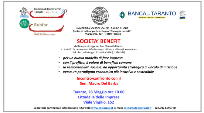 SOCIETA’ BENEFIT – il Sen. Mauro Del Barba a Taranto